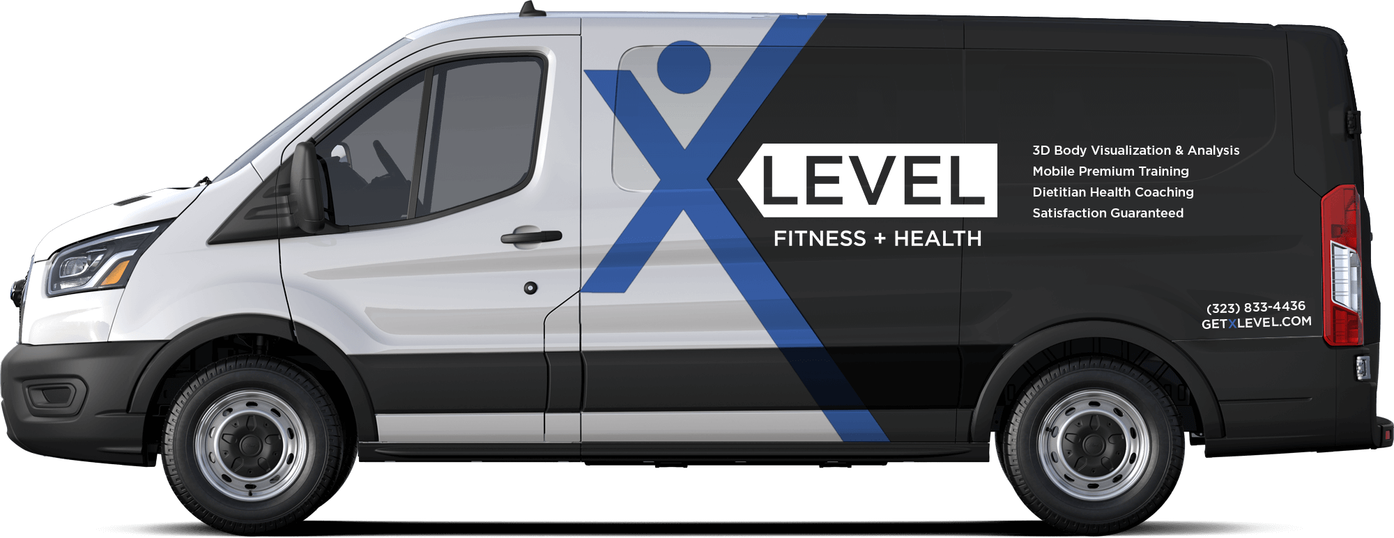 A white van with the XLEVEL logo in blue and black on the side. The XLEVEL logo depicts a stylized X with a dot on top, portraying an active person. The van has a large, modern look, suggesting a company that is up-to-date and provides modern fitness solutions..